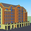 Multi Story Red Brick Building with Classic Design Windows and Columns at Base
