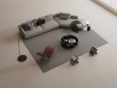 Modern Gray Sectional Sofa Set With Area Rug Coffee Table And Floor Lamp 3d model