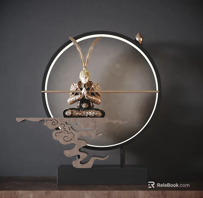 Golden Meditating Figure Ornament Set With Circular Frame And Cloud Pattern Base 3d model
