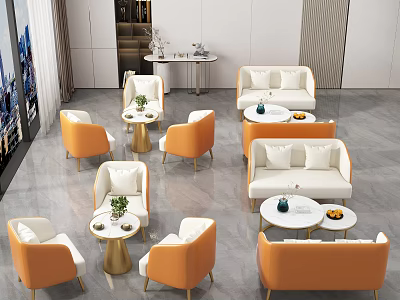 Modern Living Room Sofa Coffee Table Set With White Orange Seats And Round Gold Tables 3d model