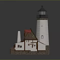 Traditional Lighthouse And Cottage Building With Red Roof Blue Top Yellow Light And Windows