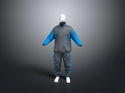 Casual Sporty Gray And Blue Tracksuit Set With Jacket Pants And White Cap 3d model