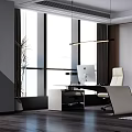 Modern Spacious Office Interior With Large Windows Desk Computer Sofa Plant And Decorative Painting