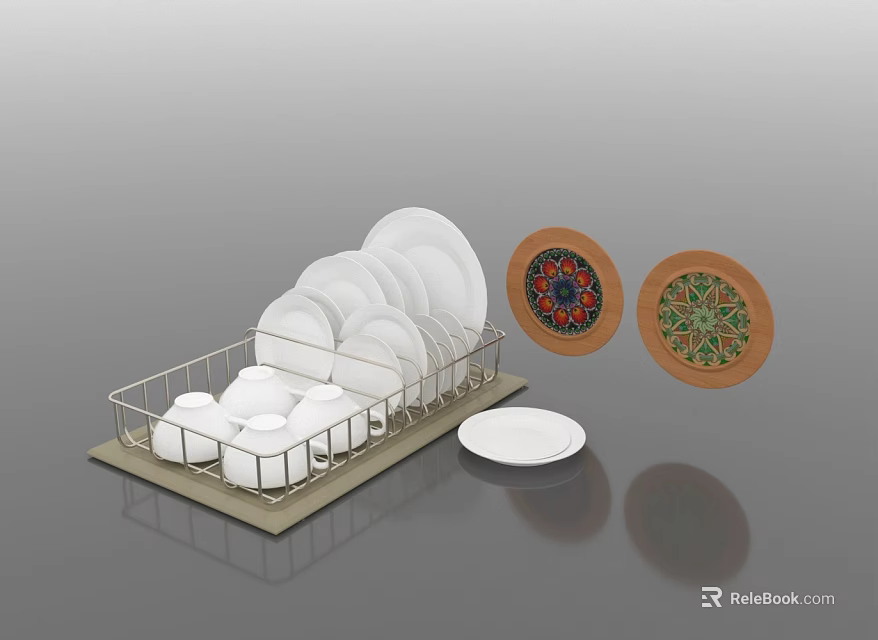 Tableware Set With White Plates Bowls In Metal Rack And Decorative Patterned Plates 3d model 