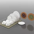 Tableware Set With White Plates Bowls In Metal Rack And Decorative Patterned Plates 3d model