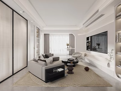 Elegant Bright Light Luxury Living Room With Comfortable Sofa Wall Mounted TV And Soft Lighting 3d model