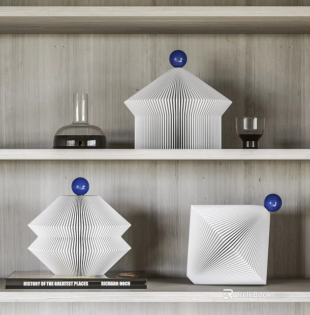 Modern Minimalist Decorative Ornament Set With White Geometric Shapes And Blue Spheres On Shelf 3d model 