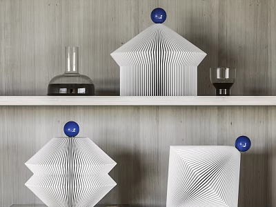 Modern Minimalist Decorative Ornament Set With White Geometric Shapes And Blue Spheres On Shelf 3d model