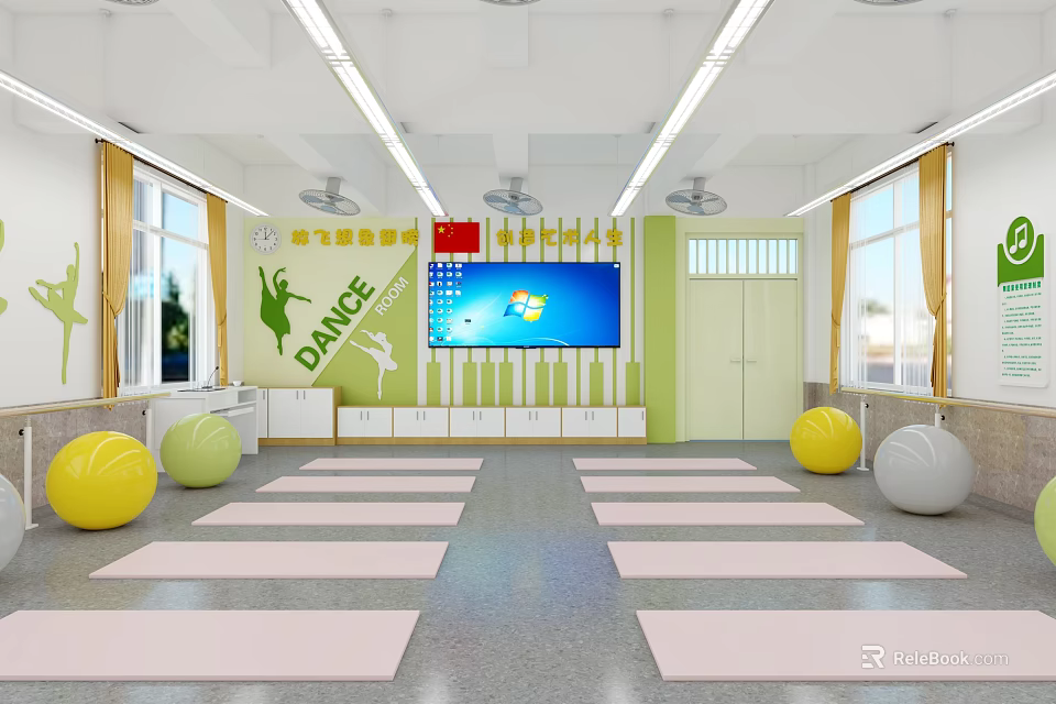 Bright Fitness Dance Studio With Yoga Mats Fitness Balls Large Screen Lockers And Wall Silhouettes 3d model 