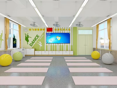Bright Fitness Dance Studio With Yoga Mats Fitness Balls Large Screen Lockers And Wall Silhouettes 3d model