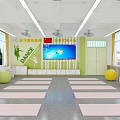 Bright Fitness Dance Studio With Yoga Mats Fitness Balls Large Screen Lockers And Wall Silhouettes