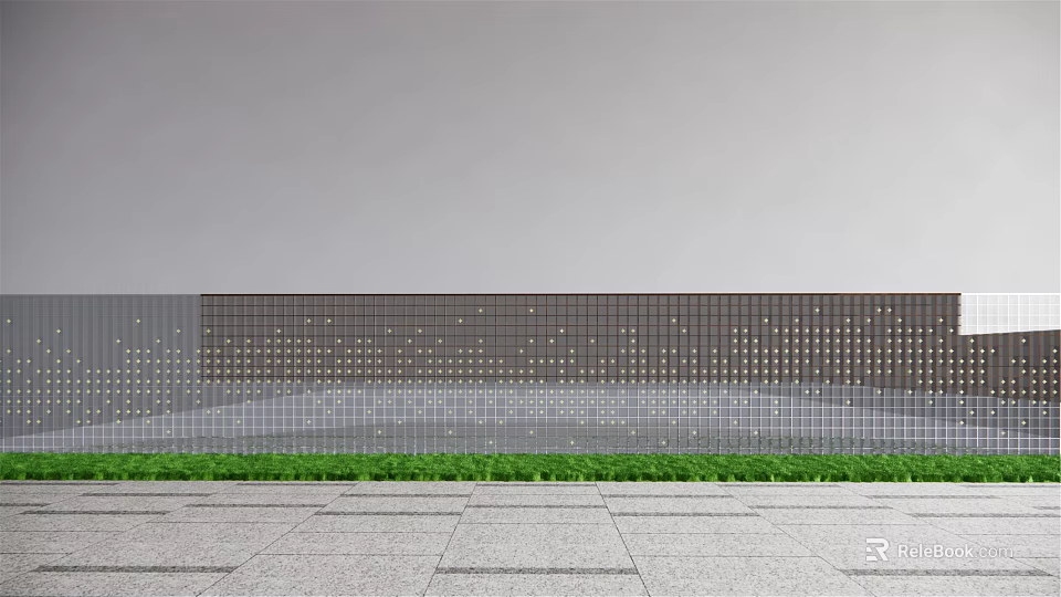Modern Feature Wall Design With Grid Pattern LED Lights And Green Plants On Stone Pavement 3d model