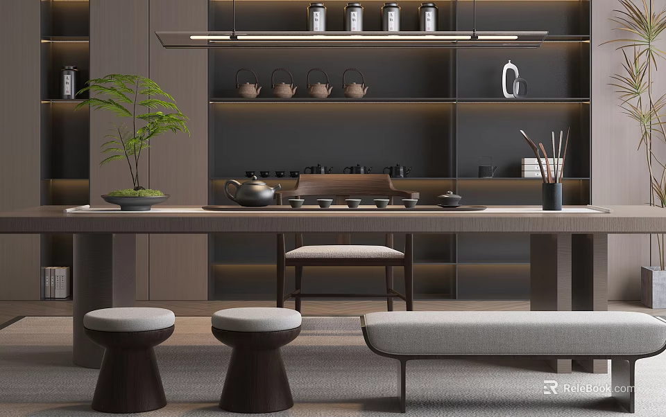 Elegant Tea Table And Chairs With Stools Near Shelves With Tea Sets And Plant 3d model 