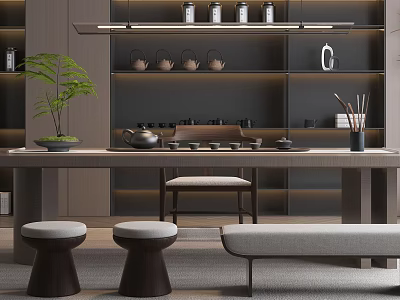 Elegant Tea Table And Chairs With Stools Near Shelves With Tea Sets And Plant 3d model