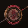 Ancient Weapons Including Bronze Shield Spear Wooden Structure Red Decorative Trim and Historical Design Elements 3d model