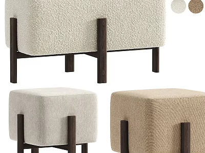 Upholstered Ottoman with Wooden Legs in Beige Light Gray and Brown Color Options 3d model