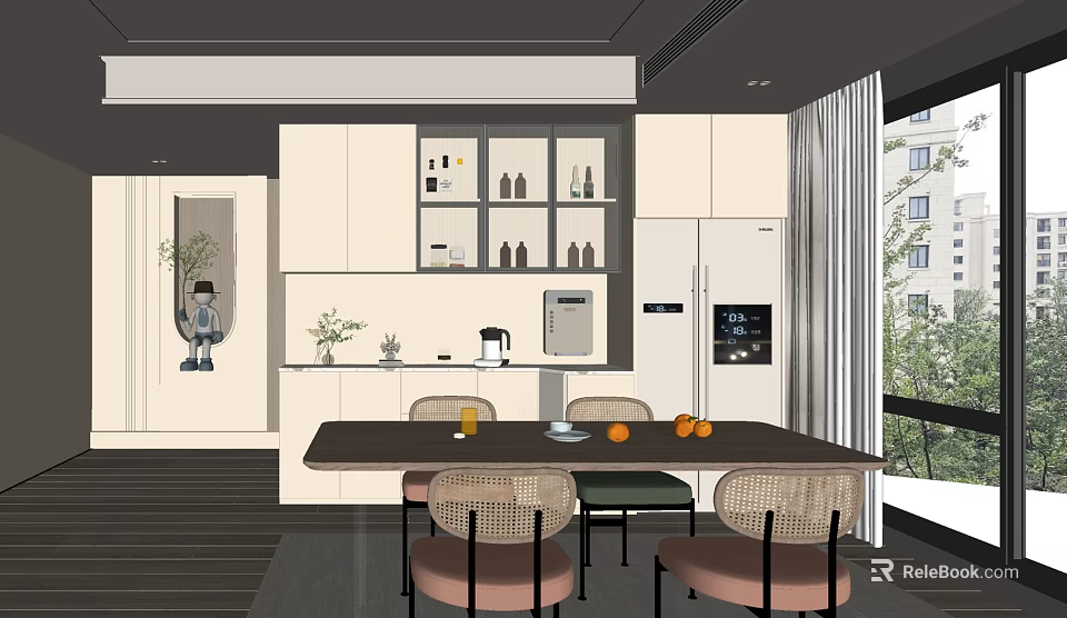 Modern Restaurant Interior With Open Kitchen Dining Table Chairs Cabinets And Decorative Plants 3d model