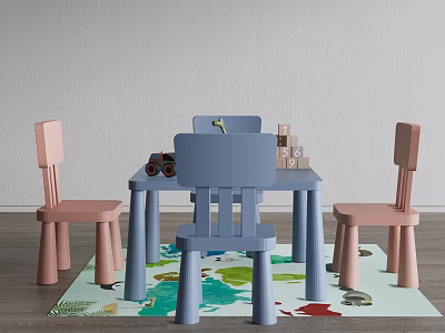 Blue Kids Table with Pink Blue Chairs Toy Binoculars Building Blocks and Colorful Play Mat 3d model