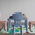 Blue Kids Table with Pink Blue Chairs Toy Binoculars Building Blocks and Colorful Play Mat