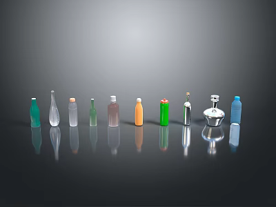 Household Items Different Colors And Shapes Bottles Arranged On Black Background With Reflections 3d model
