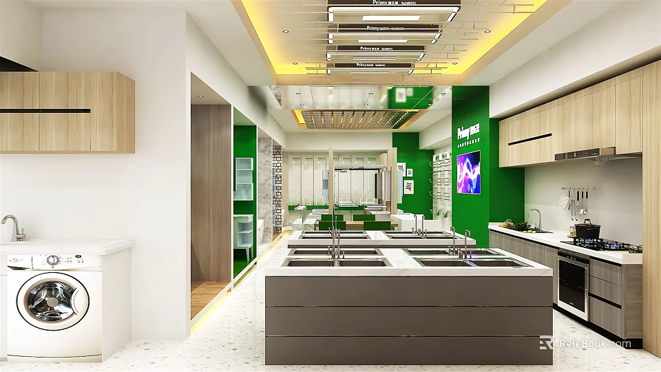 Modern Green Specialty Store Interior With Display Counters And Wooden Cabinets 3d model 