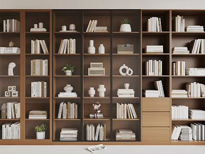 Wooden Bookshelf with Multiple Shelves Filled with Books Decorative Items Potted Plants and Vases 3d model
