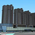 Modern High Rise Residential Complex With Commercial Podium Glass Curtain Walls And Roadway Greenery