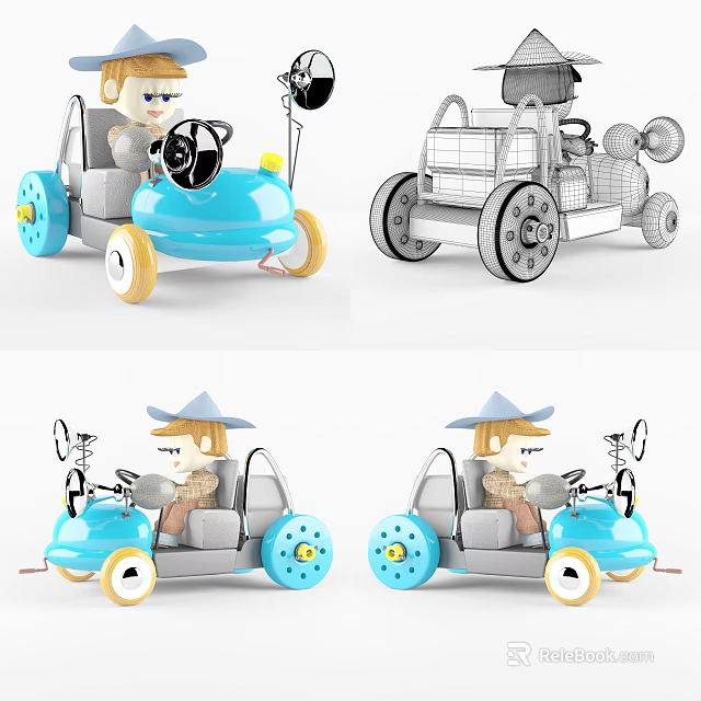Blue Electric Toy Car With Steering Wheel Yellow Wheels And Cartoon Character For Kids 3d model 