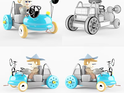 Blue Electric Toy Car With Steering Wheel Yellow Wheels And Cartoon Character For Kids 3d model