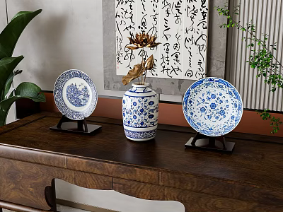 Blue and white porcelain ceramic ornaments combination 3d model