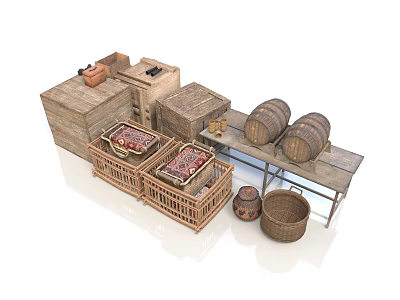 Vintage Daily Life Supplies Including Wooden Boxes Barrels Wicker Baskets Rugs And Clay Pots 3d model