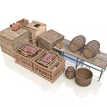 Vintage Daily Life Supplies Including Wooden Boxes Barrels Wicker Baskets Rugs And Clay Pots