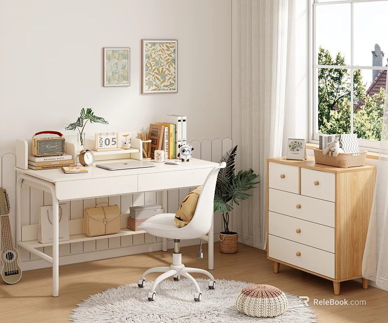 White Study Desk With Laptop Books Lamp Potted Plant And Wooden Cabinet By Window 3d model 