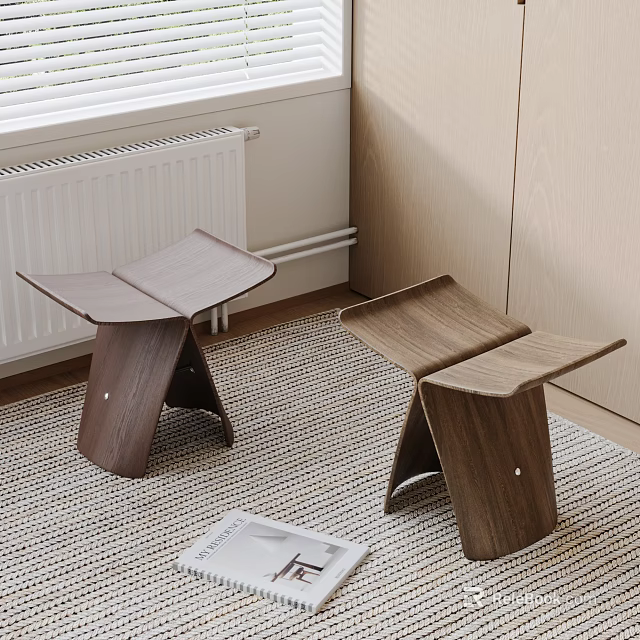 Two Modern Wooden Stools With Unique Angular Structure In Living Room Interior 3d model 