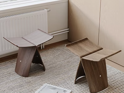 Two Modern Wooden Stools With Unique Angular Structure In Living Room Interior 3d model
