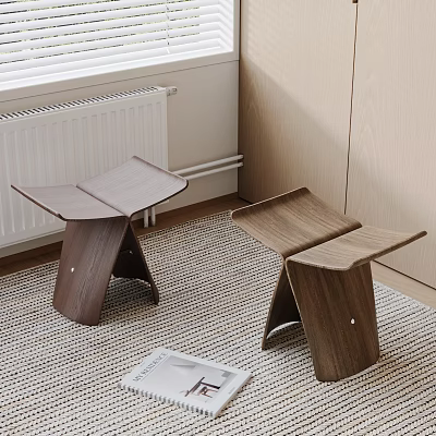 Two Modern Wooden Stools With Unique Angular Structure In Living Room Interior 3d model