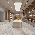 Modern Dessert Shop Interior With Circular Display Counter Glass Cases And Fresh Pastries