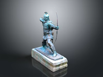 Ancient Warrior Bronze Statue Holding Bow And Arrow On Square Base 3d model