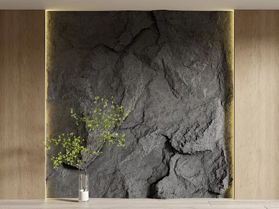 Gray Rock Texture Background Wall With Gold Frame And Green Plant In White Vase 3d model