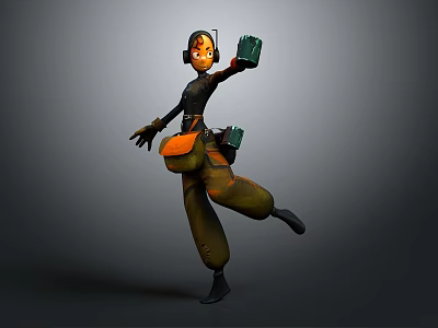 Woman With Headphones In Dynamic Pose Holding Green Device And Orange Waist Bag 3d model