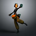 Woman With Headphones In Dynamic Pose Holding Green Device And Orange Waist Bag