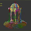 Ornate Black Metal Gazebo With Golden Decorations Central Fountain Surrounded By Rockery Stones And Plants