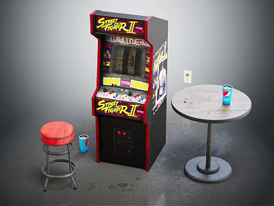 Retro Entertainment Arcade Machine Street Fighter II With Red Stool And Table Featuring Pepsi Can 3d model