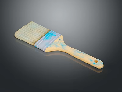 Wooden Handle Paint Brush With Blue Paint Stains And Synthetic Bristles 3d model