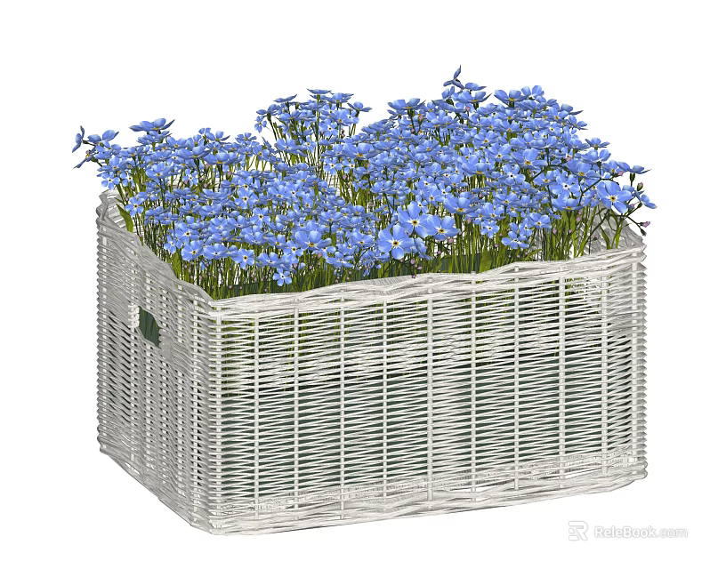 Elegant White Wicker Basket Potted Plant With Blooming Blue Flowers Decor 3d model 