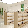 Modern Boutique Store With Green Shelves Gold Frames Circular Mirrors White Walls And Marble Counter