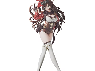 Anime Female Figure Long Brown Hair Red Coat White Top Thigh High Boots Design 3d model