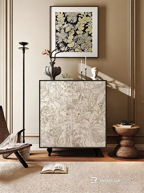 Elegant Modern Entryway Side Cabinet With Floral Pattern And Decorative Vase 3d model