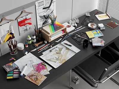 Creative Design Workbench With Drawing Tools Paints Sketches Markers And Palette 3d model