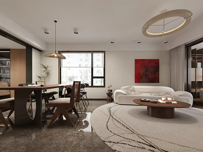 Modern Living Dining Room Interior With Sofa Dining Table Chairs Pendant Lights And Rug 3d model